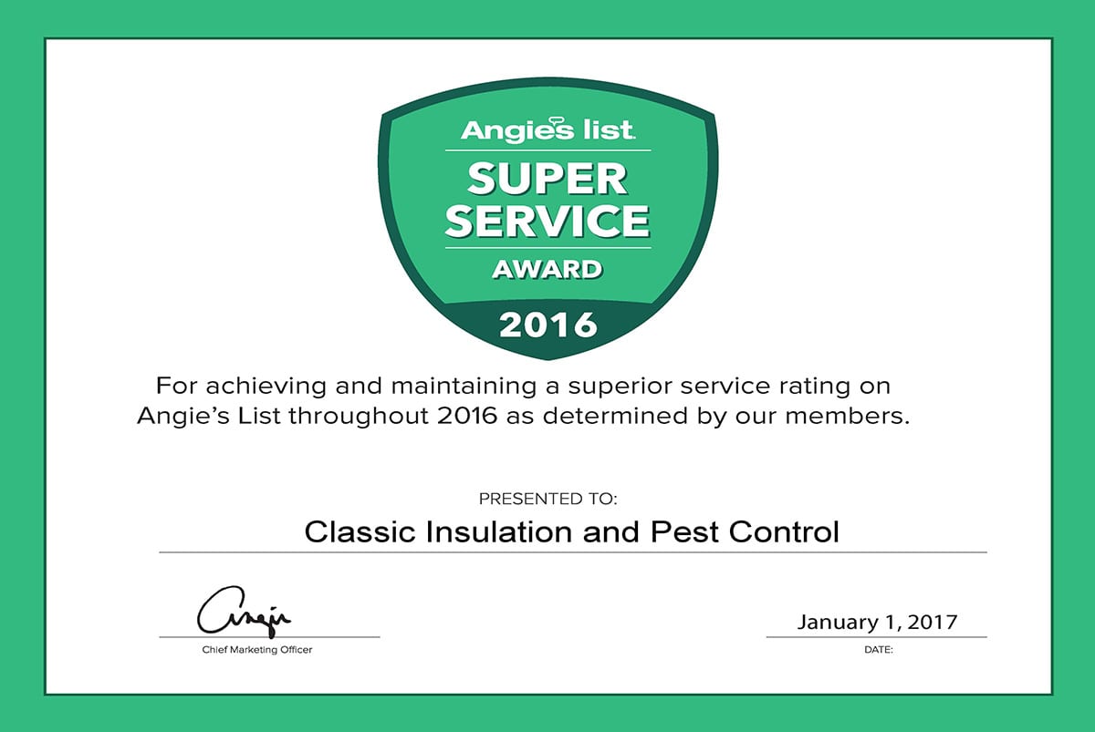 Classic Insulation Earns Esteemed 2016 Angie’s List Super Service Award